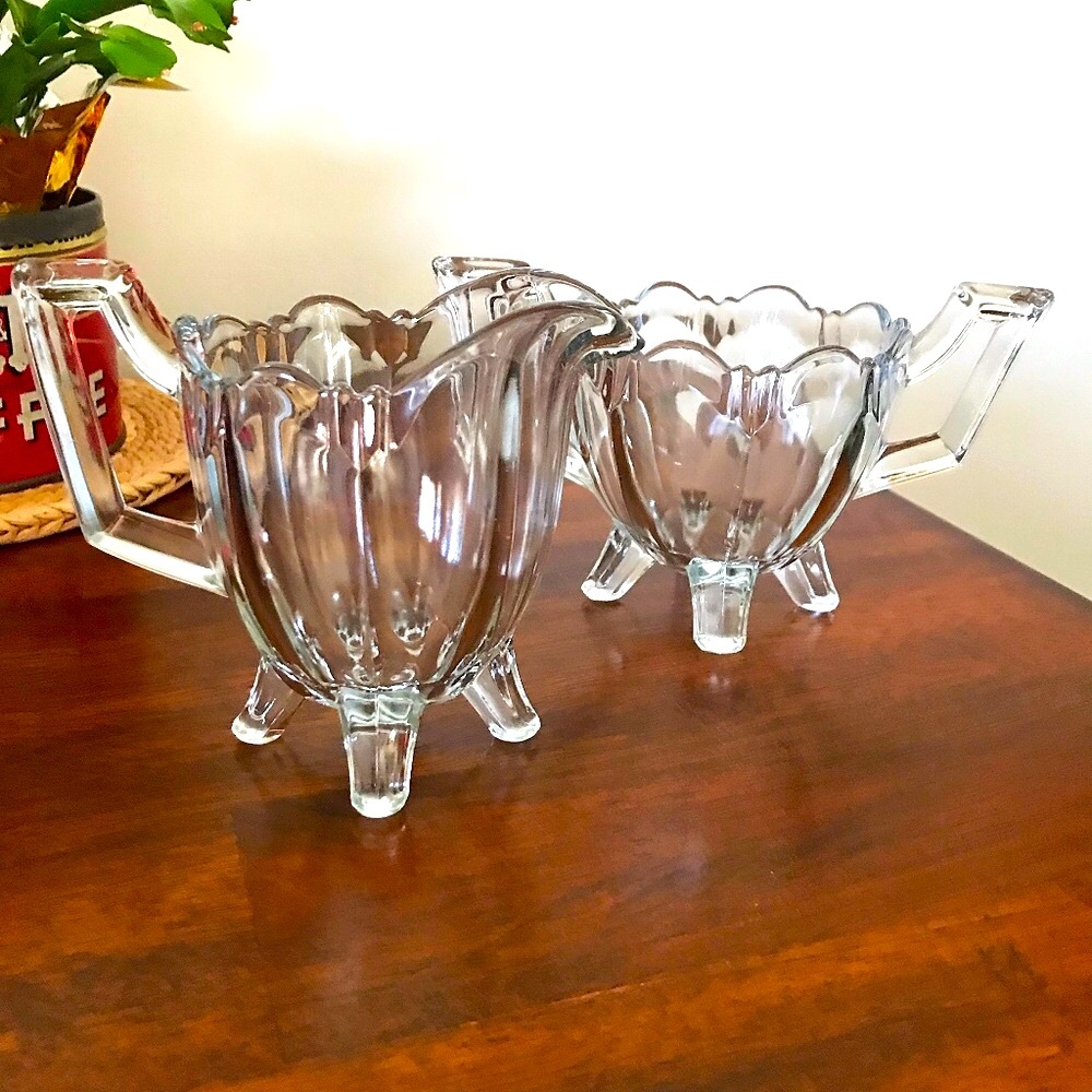 Indiana Glass Clear Depression Era Fluted Colonial Style Creamer and Sugar Bowl